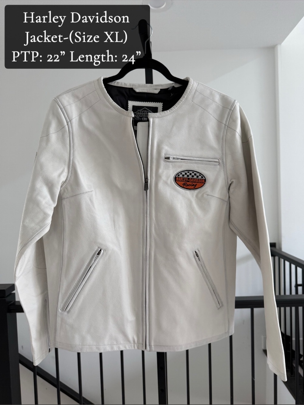 Harley-Davidson Cream Leather Bomber Jacket with Orange Patch